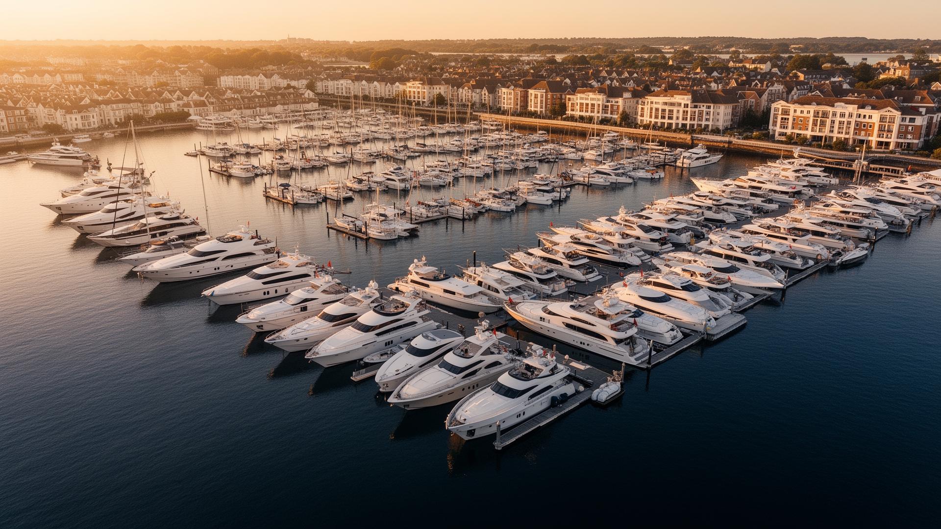 Aerial view of yachts moored in a Southampton marina at golden hour