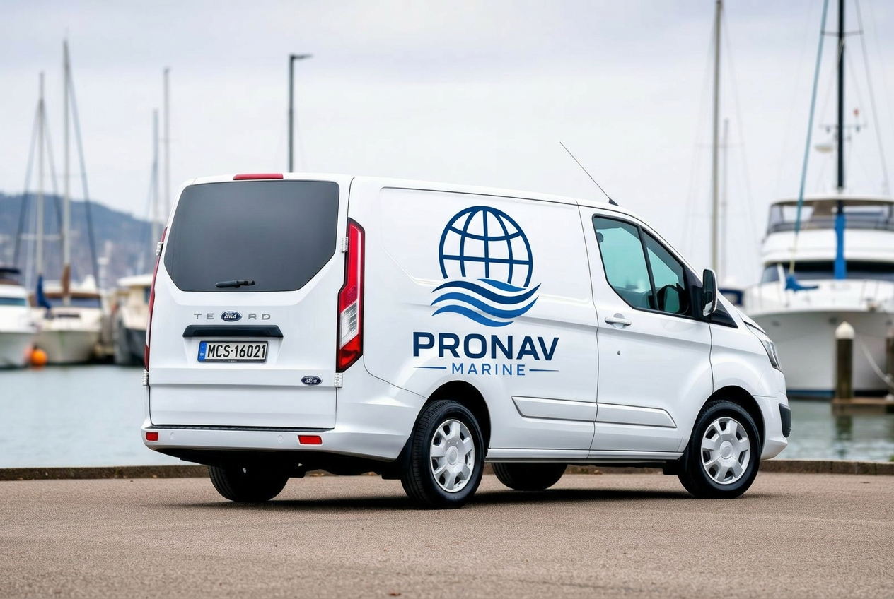 PRONAV Marine Logistics van parked at a marina